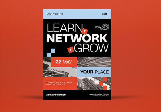 Orange Modern Learn, Network, Grow Flyer US Letter
