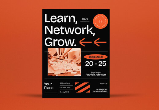 Black Utilitarian Learn, Network, Grow Flyer Layout
