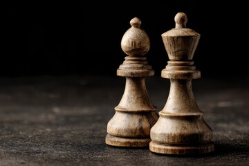 Fototapeta premium A dramatic close-up highlights two beautifully aged wooden chess pieces, a regal king and a strategic bishop, standing prominently against a dark, textured backdrop. The intricate wood grain and distr