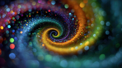 Colorful spiral vortex glitter particles abstract background with bright bokeh lights swirling in a dynamic cosmic energy swirl pattern evoking motion and depth