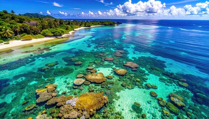 Expansive Turquoise Tropical Ocean With Vibrant Coral Reefs And Lush Green Island Coastline Under Bright Sunny Sky With White Clouds