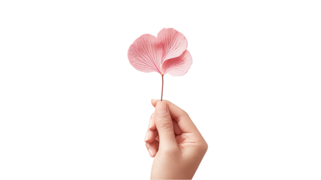 Pink Leaf Held in Hand Isolated on White