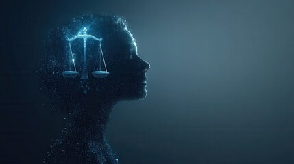 Silhouette of a woman with digital scales of justice symbolizes law and ethics in a modern setting