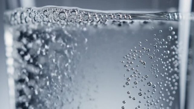 Close Up of a Glass of Clear Sparkling Water with Tiny Bubbles Rising Inside Against a Soft Blueish Gray Background for Product Photography