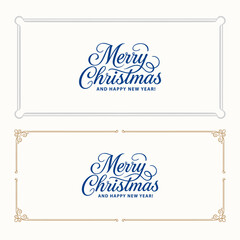 Two elegant “Merry Christmas and Happy New Year” lettering compositions in blue with vintage gold and silver frames. Horizontal festive layouts ideal for greeting cards and invitations.