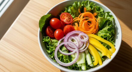 Colorful Fresh Salad Bowl with Tomato Onion Lettuce and Bell Pepper