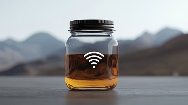 A jar with a wifi symbol seemingly holds a liquid against a blurry mountain background, suggesting wireless connectivity