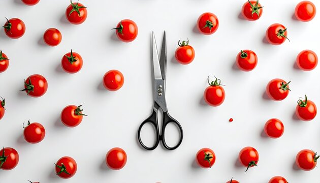 Flat lay arrangement of fresh red cherry tomatoes and a pair of silver scissors on a clean white surface in bright lighting creating a playful and artistic composition - Powered by Adobe