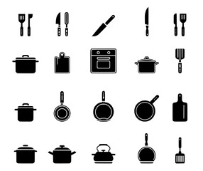 Collection of black cooking utensils and tools on a white background.