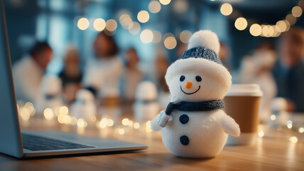 Office holiday party. Snowman part of joyful new year event.