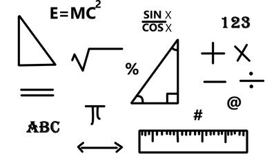 Hand-drawn math symbols and geometry shapes in black on white. Creative education vector set with formulas, triangles, ruler, pi, and calculation signs for school and academic design.