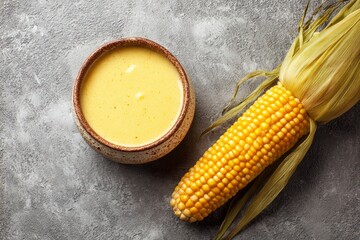 An appealing overhead view showcases a vibrant yellow ear of fresh corn, partially husked to reveal its plump, golden kernels. Adjacent sits a rustic ceramic bowl filled with a creamy, rich yellow liq