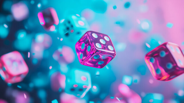 Vibrant neon pink and blue dice tumble and float in abstract, glowing, surreal casino game landscape with dynamic energy and sparkling lights