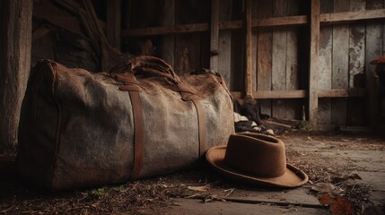 Old duffel bag and hat resting on the rustic wooden floor in a dimly lit shed, suggesting a sense of nostalgia and abandonment
