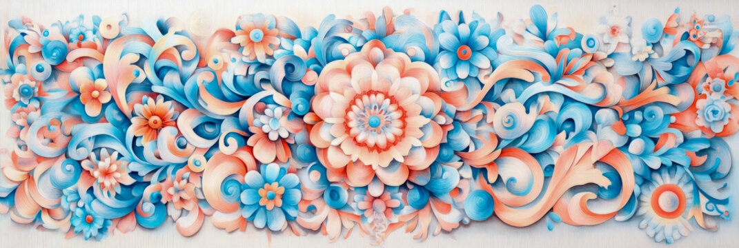 Harmonious Panoramic Artwork of Elaborate Floral Patterns, Featuring Soft Peach and Tranquil Blue Blossoms Intricately Woven with Elegant, Swirling Decorative Motifs and Delicate Textures
