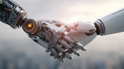 Robots shake hands in a futuristic setting indicating collaboration and technological advancement