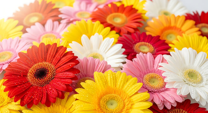 A vibrant array of gerbera daisies in full bloom displaying various bright colors