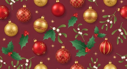 Festive repeating pattern of gold and red ornaments, holly, and mistletoe on a burgundy background