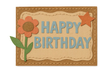 Crafting a felt happy birthday greeting card with flower, star, and stitched details on transparent background
