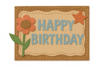 Crafting a felt happy birthday greeting card with flower, star, and stitched details on transparent background