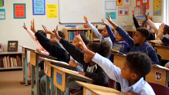 Elementary school students raising hands in classroom - Powered by Adobe
