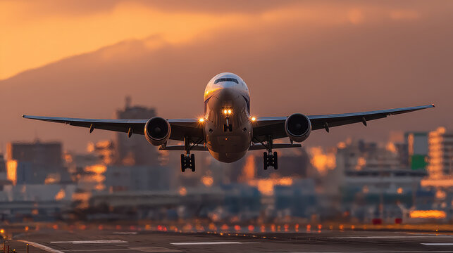 Commercial airplane taking off from airport runway at sunset with city skyline and mountains in the background clear sky and warm orange lighting reflecting on aircraft fuselage