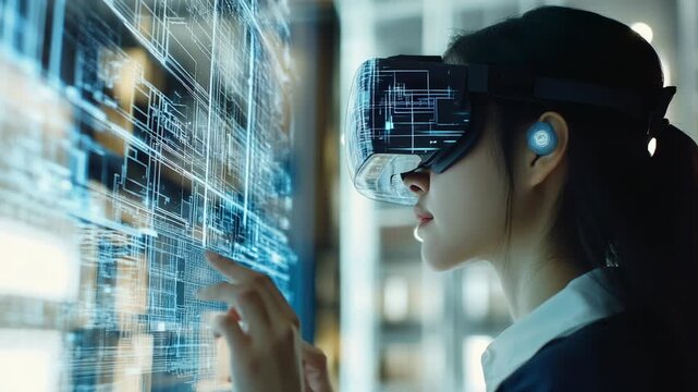 Woman using futuristic VR headset while interacting with glowing digital interface in high tech virtual workspace - Powered by Adobe