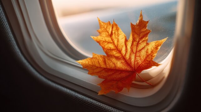 Fall leaf resting on airplane window during sunset, capturing a moment of travel and nature combined
