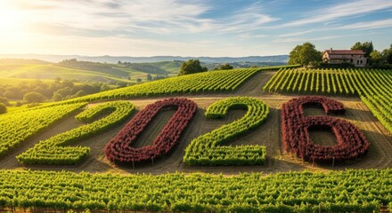 Lush vineyards form rolling hills, showcasing '2026' made of vines, bathed in warm sunlight. A house sits atop a hill