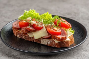 A gourmet open-faced sandwich, artfully arranged on a dark plate against a neutral background. This delicious snack features a slice of rustic toasted bread generously topped with savory cured meat, c