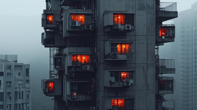 Moody, high-rise building with many lit, orange windows piercing through a dense fog, creating a surreal ambiance