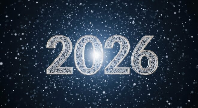 Silver numerals "2026" float against a dark blue background with scattered white particles, a bright lens flare
