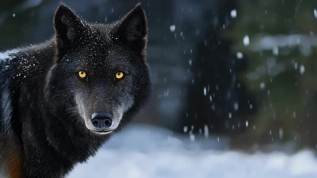 Stunning black wolf in snowy landscape with yellow eyes