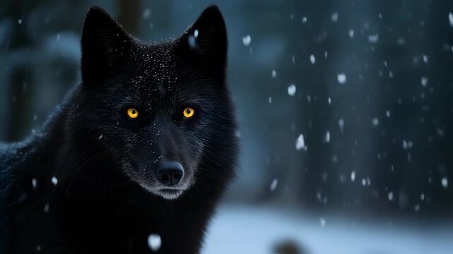 Majestic Black Wolf in Snowy Forest Background, Stunning Wildlife Photography