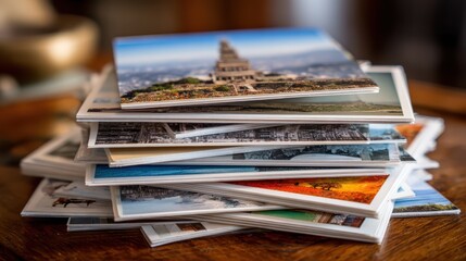 Collection of assorted postcards showcasing various landscapes, landmarks, and cityscapes stacked on a wooden table in a cozy indoor setting