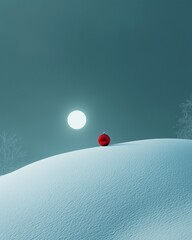 Minimalist Christmas surreal snowy hill with a single red ornament glowing under soft moonlight