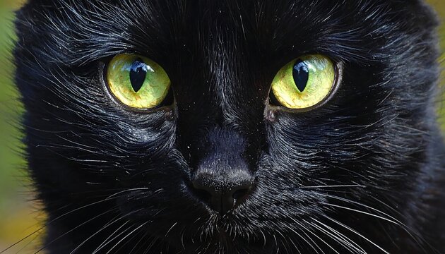 A captivating close-up portrait of a sleek black cat with mesmerizing, bright green eyes. The feline's fur glistens - Powered by Adobe