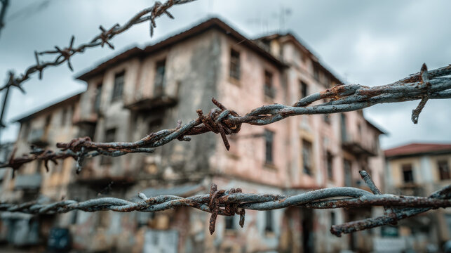 Rusty barbed wire fence close-up in front of an old abandoned building with peeling paint and broken windows under a cloudy overcast sky in a desolate urban area.