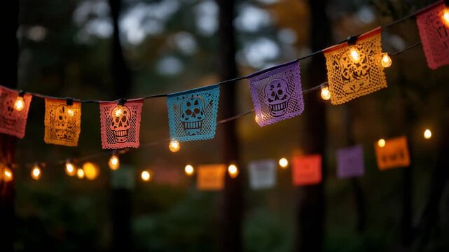 Colorful Papel Picado Banners with Lights for Festive Celebrations in Nature