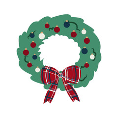 A New Year's wreath decorated with baubles and a blue and red checkered bow on a white background. A Christmas wreath made of spruce and pine branches. A round frame of pine branches with ornaments.