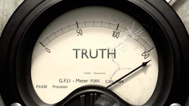 Truth meter showing big levels of truth. Dangerously increasing high values of truth, critical overload. Too much, off the charts. Max truth