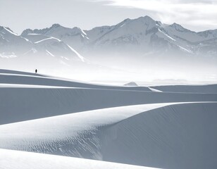 A lone figure on pristine, undulating dunes against a distant mountain range