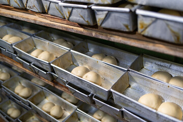 Fresh rows of risen bread dough balls in metal baking pans on wooden shelves inside an African bakery