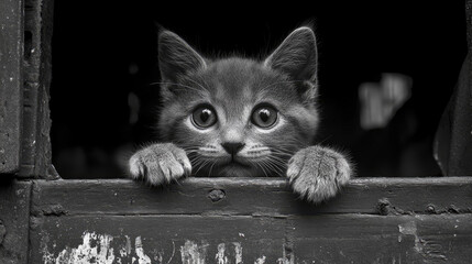 Captivating black and white portrait of adorable kitten with striking eyes peeking curiously from behind rustic dark frame