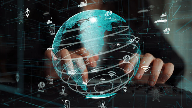 This image portrays a digital globe surrounded by technology icons, illustrating the dynamic interaction of devices in an interconnected world focused on innovation and communication. Xenic
