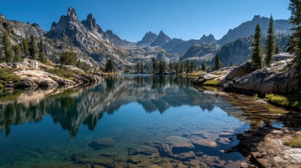 Stunning mountain view reflected in a serene lake surrounded by lush greenery and towering peaks under a clear sky.