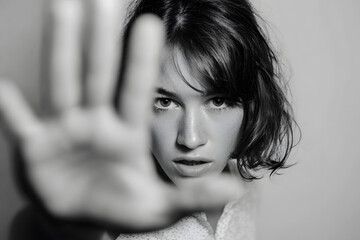 Naklejka premium woman using hand palm to stop man's punch from attack isolated on white background. stop violence against women campaign concept with copy space, black and white color