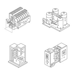 Detailed isometric line art illustrations showcase diverse industrial machinery and advanced technological processing systems, ideal for modern engineering projects.