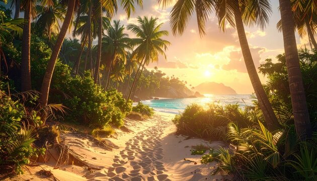 Serene tropical lagoon at sunset with tranquil water reflecting lush palm trees and golden sky a pathway leads to the ocean on a secluded beach with soft ripples visible
