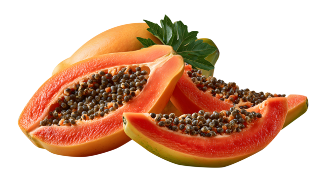Tropical Papaya Still Life: Whole Fruit and Sliced Segments with Seeds Displaying Vivid Colors and Textures on Checkered Backdrop for Health, Nutrition, and Culinary Applications